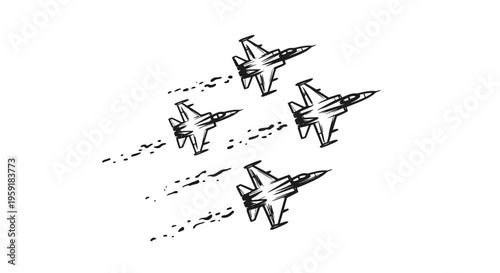 Four military fighter jets flying in formation with contrails on white background symbolizing power and aviation