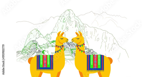 Two yellow llamas with colorful blankets stand before Machu Picchu ruins, Peru. Illustration.