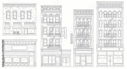 Vintage Building Facades Hand-Drawn Sketch Collection