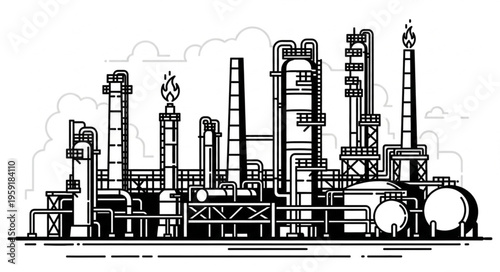 Detailed Black and White Illustration of an Industrial Oil Refinery.
