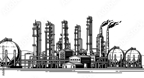 Detailed Black and White Illustration of an Industrial Plant Complex.