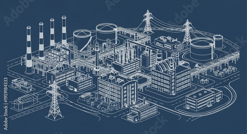 Detailed Blueprint of an Industrial Complex with Towers and Structures.
