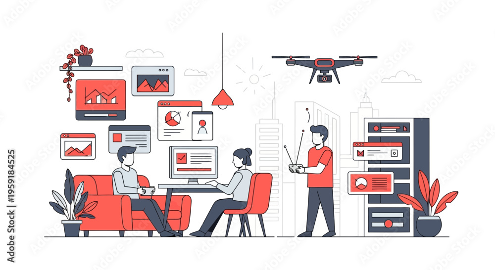 Naklejka premium The team uses a drone and data at work in a city desk area now