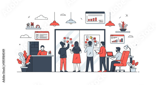 Agile team at work on a plan to do a task with a board fast