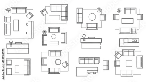 Top-down view of various living room furniture arrangements and layouts