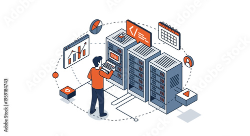 IT dev in web data room of host for app work with net and cloud