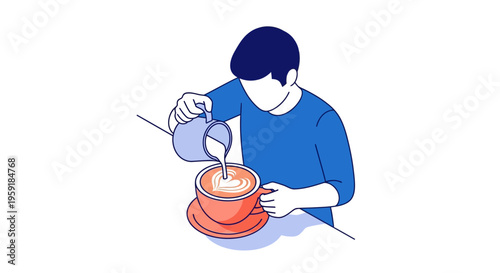 Barista pouring milk into coffee cup creating heart latte art for breakfast morning beverage preparation routine