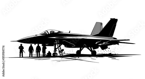 Military jet with crew on the ground black silhouette aircraft on runway fighter plane with personnel
