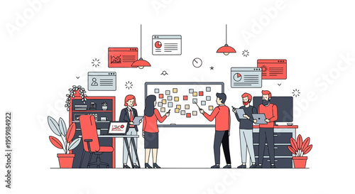 Professional business team working together on strategic planning using sticky notes during a group brainstorming meeting session