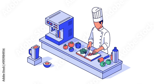 Chef In Hat Cut Food On Desk Near Blue Machine Art Graphic Work Is Pro
