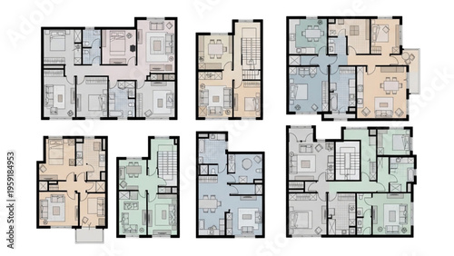 Architectural floor plans of residential apartments with different layouts and furniture