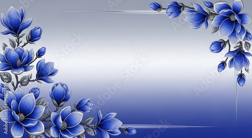 Blue Magnolia Blossoms Frame with Subtle Gradient Background Decorative Floral Arrangement Elegant