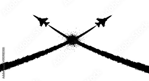 Two fighter jets flying in opposite directions leaving black smoke trails on white background