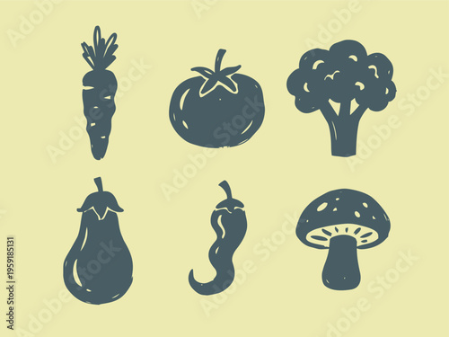 Hand drawn vegetable icon set with carrot tomato broccoli eggplant chili pepper and mushroom on yellow background