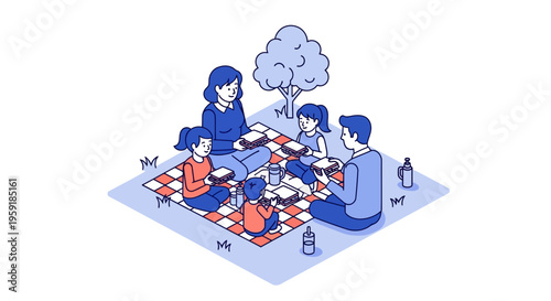 A big happy family and kids at a park having a fun picnic on grass