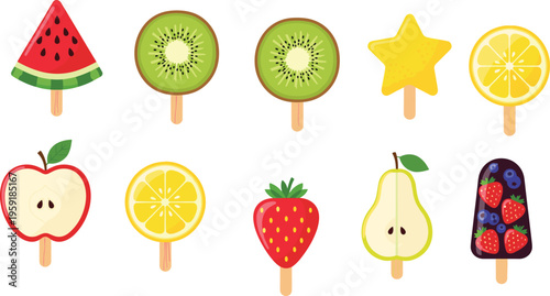 Fruit Popsicle Vector Set Featuring Watermelon Kiwi Lemon Apple Strawberry Pear and Berry Ice Cream Lollies on Wooden Sticks for Summer