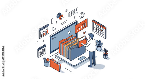 Man fix file and data on pc for work and task at desk with plan fast