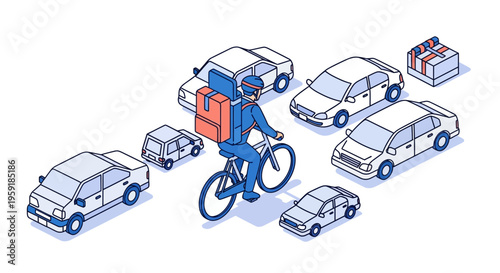 Food delivery courier on bike in traffic jam fast service isometric vector illustration blue cars gift box icon