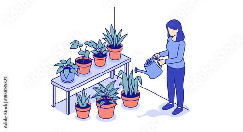 A girl is watering green leaf plants in pots at her own home now too