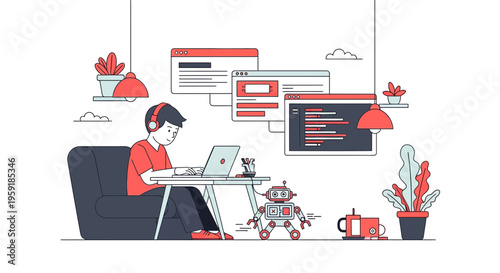 Young boy student learning computer coding programming software development and robotics at his home desk