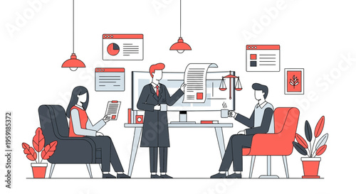 Professional lawyer presenting legal contract document to business clients in modern office workspace flat illustration graphic