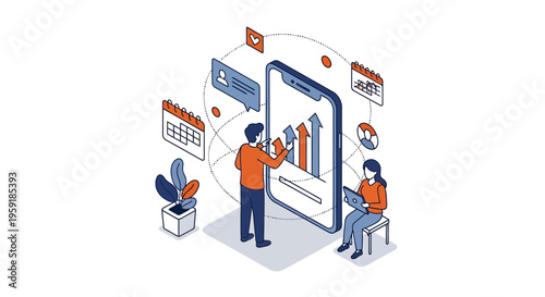 Man and girl use mobile app for data and seo or web work on blue ui