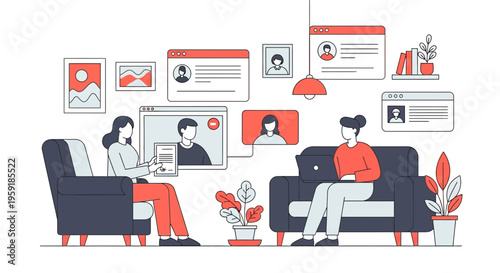 Online learning concept featuring students participating in a digital graduation ceremony using video conferencing tools and web platforms