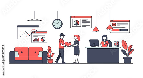 Courier delivers a box to a woman in an office near a desk and a sofa