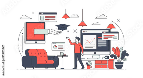 Online degree completion education concept with man achieving graduation through digital learning platform and internet studies