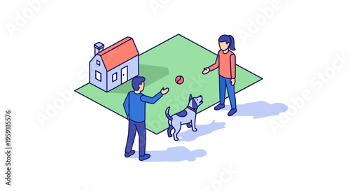 Man Woman Pet Dog Ball Play Park Home House Fun Life Day Joy Sun Big