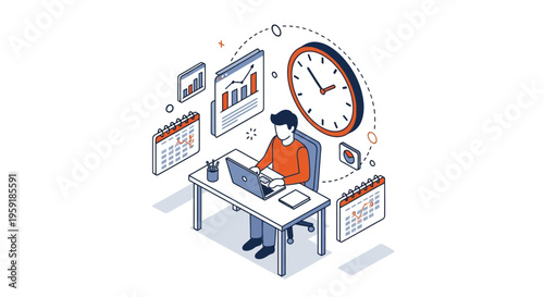 Man work desk laptop clock plan graph data task time goal job fast easy