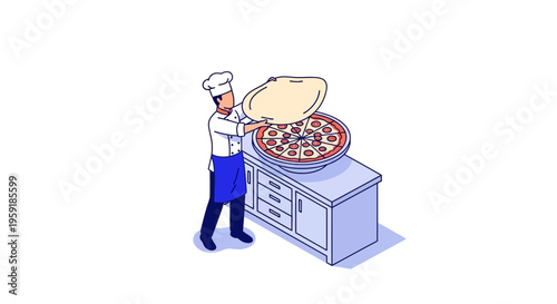Chef can toss dough make pizza in kitchen for cafe menu food art sign icon