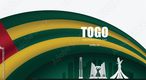 Togo Independence Day celebration banner with flag waves and skyline vector illustration
