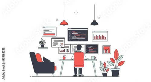 Software dev at work on code at a home desk with dual screens and data