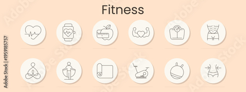 Fitness set icon. Heart rate, smartwatch, apple measure, strong arms, scale, abs, yoga pose, stretching, mat, exercise bike, ball, slim waist, healthy lifestyle, workout routine, body care
