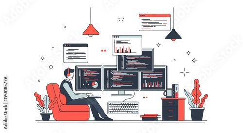 Dev on desk with many screens in his work room at home office set up