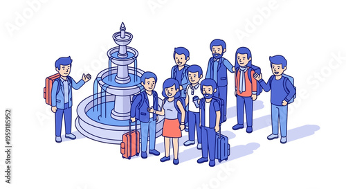 Group of young diverse travelers with luggage and backpacks standing around a classic decorative city park fountain