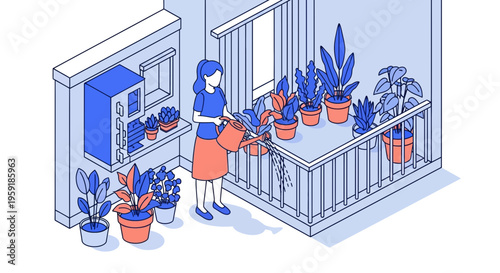 Woman watering potted plants at her urban apartment balcony home garden hobby lifestyle daily care