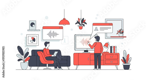 A smart AI voice app men use to work at home office desk sound wave