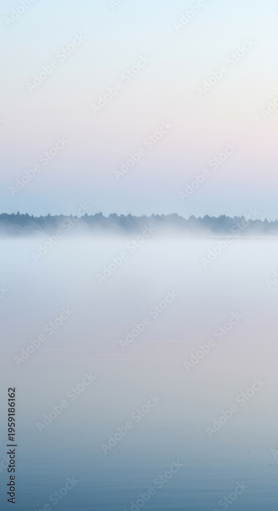 Fototapeta premium Expansive, tranquil vista of pure softness. Gentle morning mist floats silently above the quiet surface, representing peace and mindful emptiness, healing, minimal, serenity