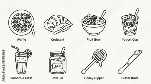 Minimalist black-and-white breakfast icon set with waffle, croissant, fruit bowl, yogurt, smoothie, jam, honey dipper, and butter knife.