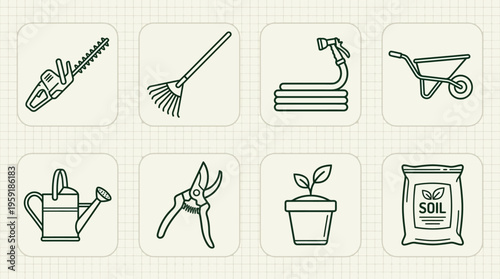 Minimalist black-and-white gardening tools icon set with chainsaw, rake, hose, wheelbarrow, watering can, shears, plant, and soil bag.