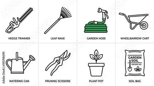Minimalist black-and-white gardening tools icon set with chainsaw, rake, hose, wheelbarrow, watering can, shears, plant, and soil bag.