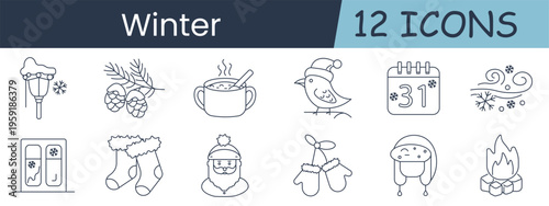 Winter set icon. Snow lantern, pine cones, hot drink, bird in hat, calendar date, frost wind, warm socks, santa face, mittens, hat, campfire, seasonal holiday.