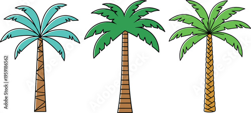 Palm Tree Vector Set Featuring Tropical Coconut Trees in Cartoon Style, Summer Beach Plant Illustration Collection Isolated on White Background
