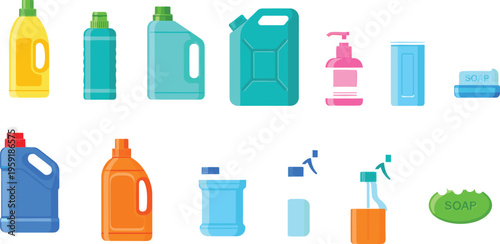 Household Cleaning Supplies Vector Set, Plastic Bottles For Laundry Detergent, Liquid Soap Dispenser, Bleach Containers And Chemical Sprays On White Background