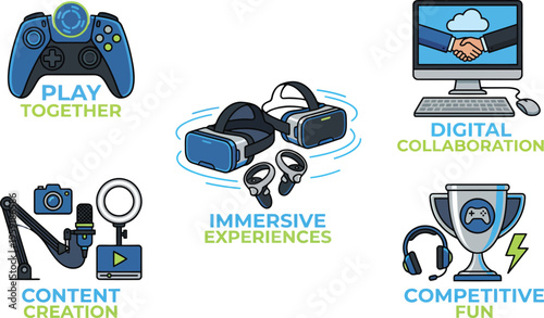 Gaming and content creation tools, including a controller, VR headset, and streaming setup, symbolize immersive experiences.