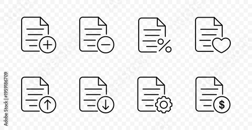 Document action set icon. Add file, remove file, percent report, favorite page, upload data, download data, settings document, finance record