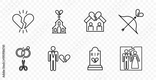 Divorce set icon. Broken heart, church, couple house, cupid bow, rings cut, man breakup, tombstone, split photo, separation, relationship crisis, legal, family drama