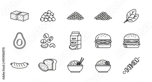 Variety of food icons including fruits vegetables dairy and fast food on white background